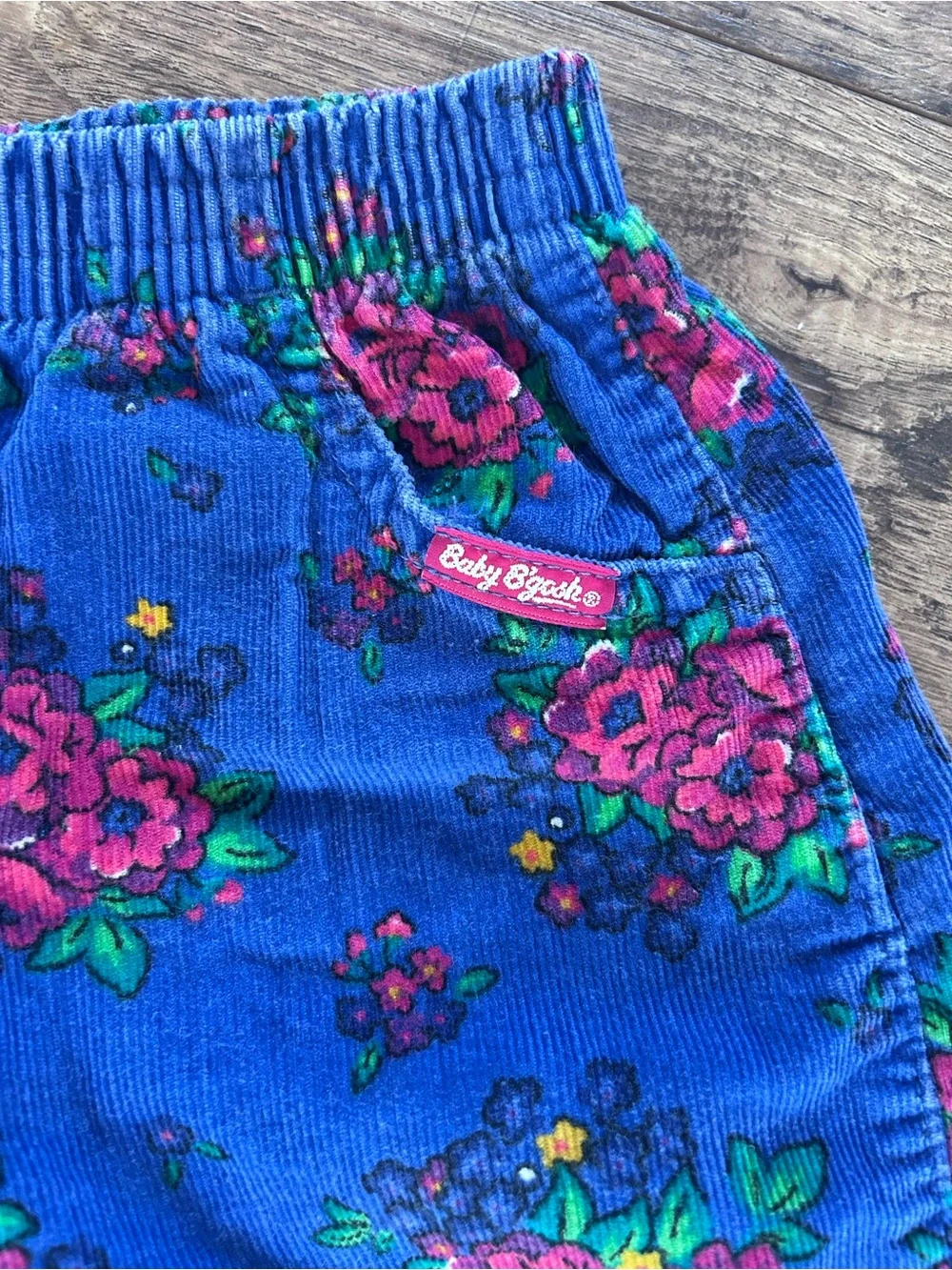 Vintage OshKosh B'gosh Blue Corduroy Pants with Pink and Green Floral Accents
